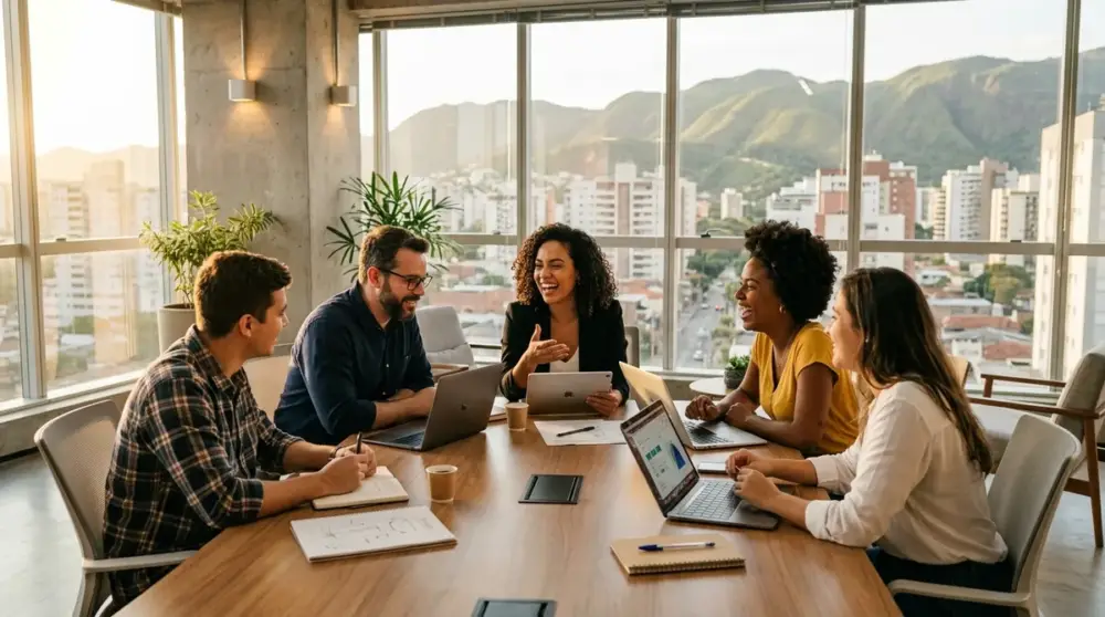 Agência de marketing digital em BH em reunião de alinhamento estratégico com vista panorâmica