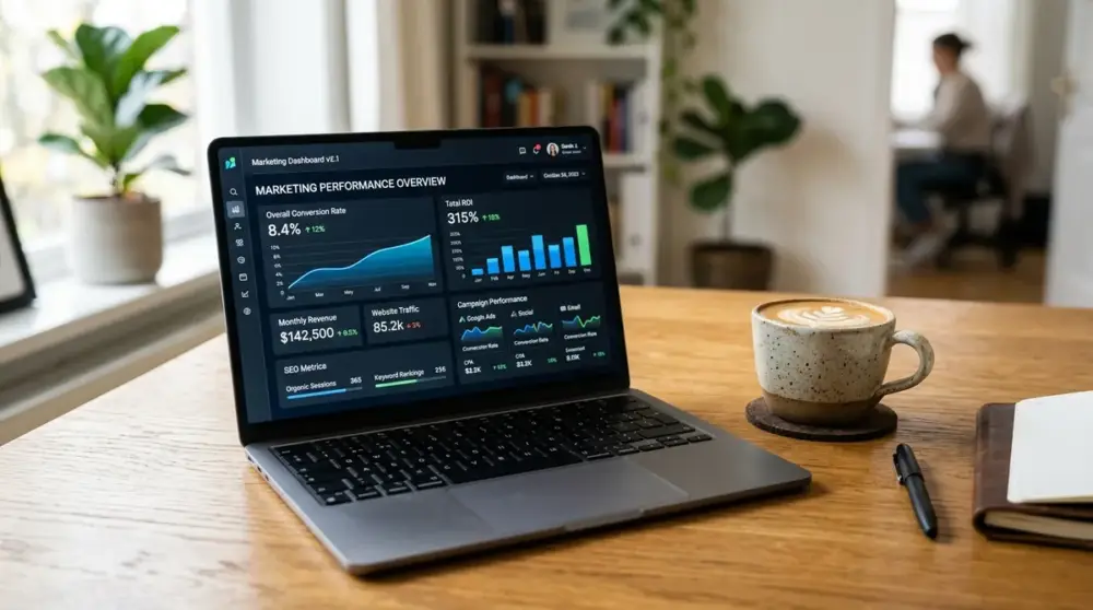 Dashboard analítico de agência de marketing digital em BH com métricas reais de ROI